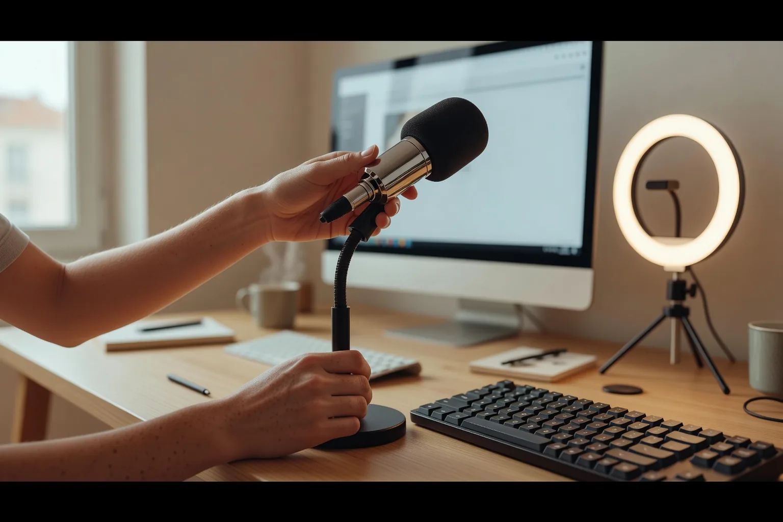 Plan serré sur les mains d'un ado réglant un micro de streaming sur un bureau avec écran lumineux
