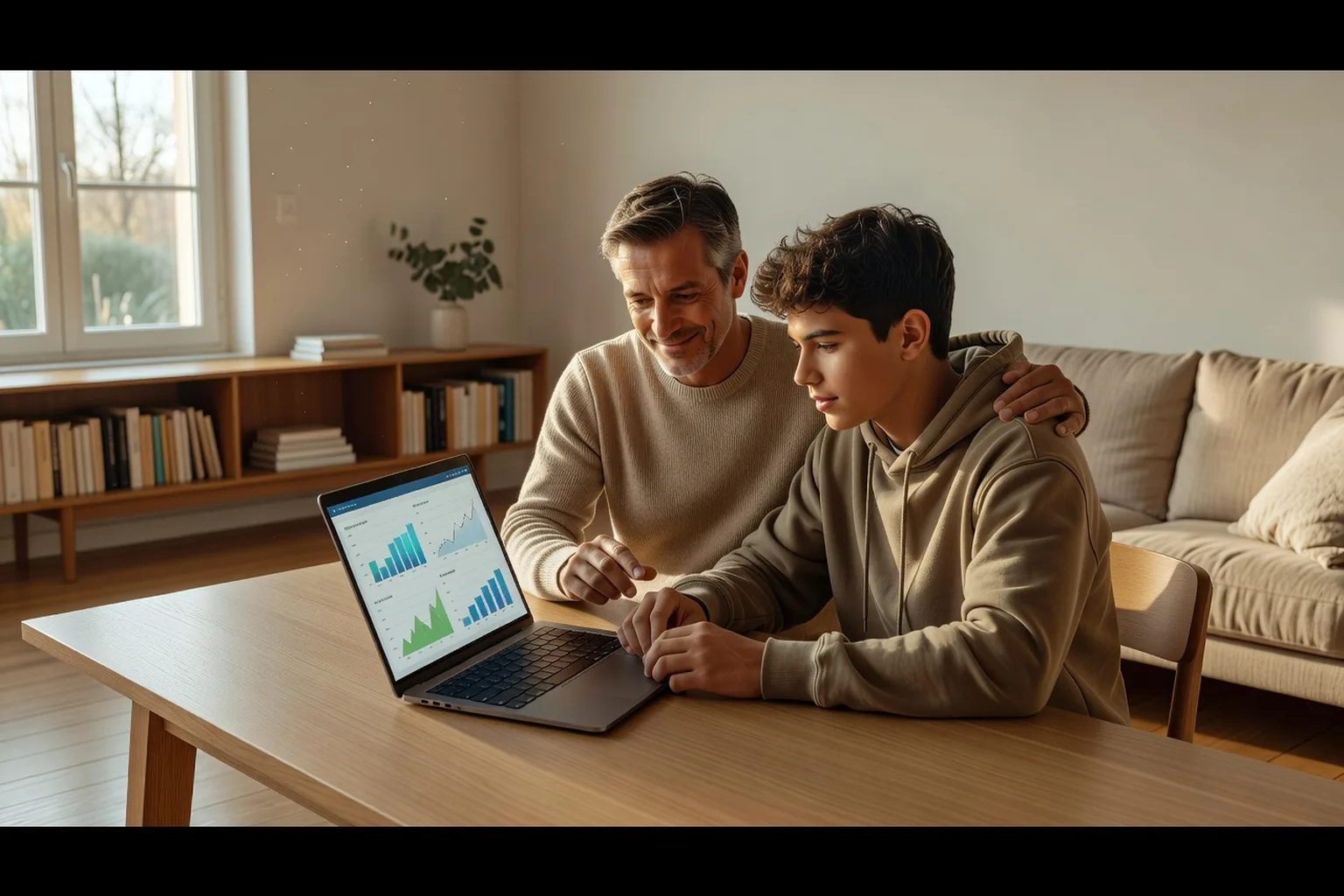Parent et ado assis côte à côte devant un ordinateur portable, regardant ensemble des statistiques de chaîne