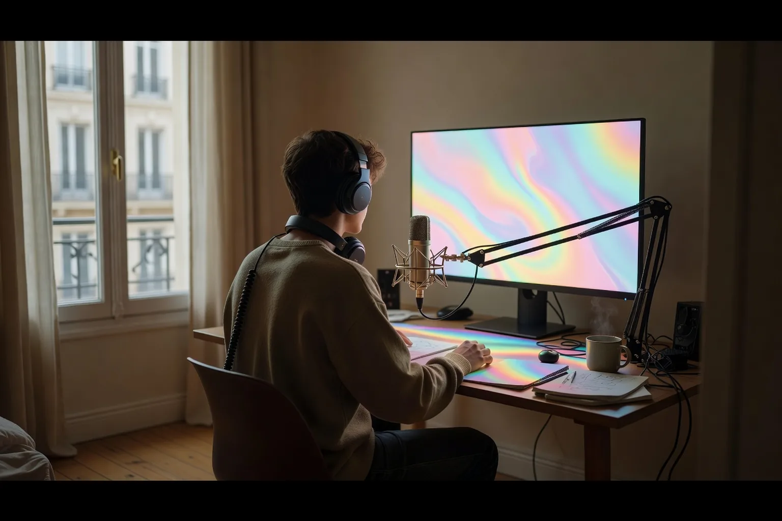 Ado de dos face à un écran de streaming avec micro et casque, dans une chambre tamisée
