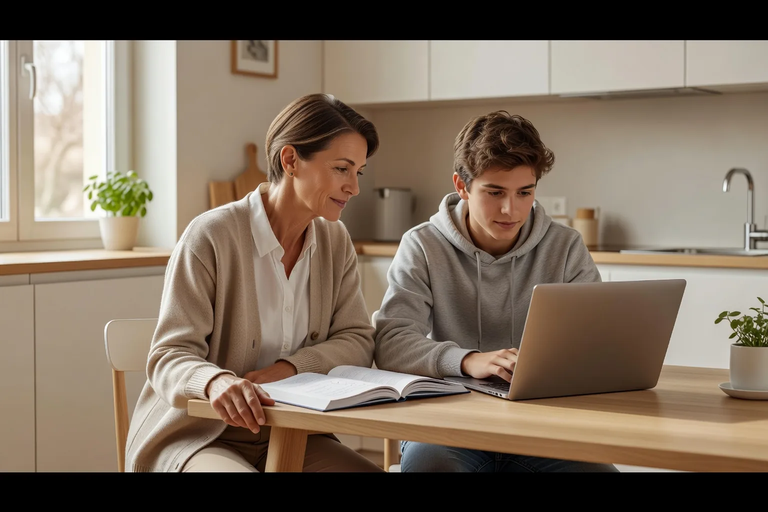 Parent et adolescent discutant des règles d'utilisation d'un chatbot pour les devoirs