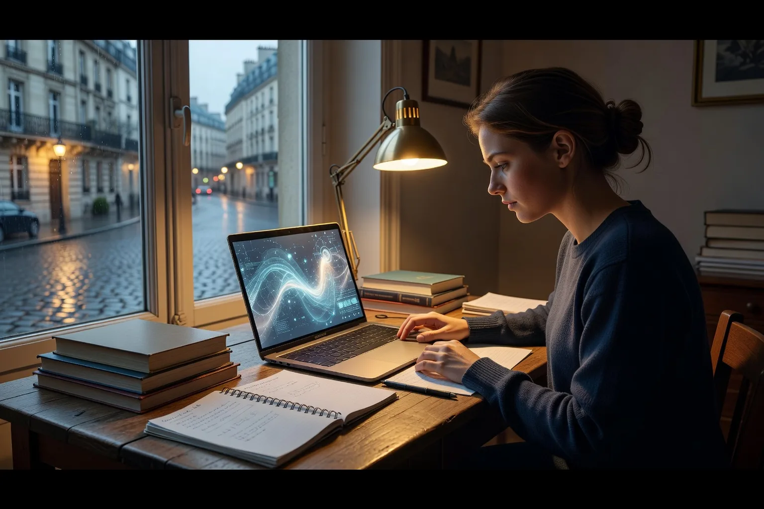Adolescente utilisant un chatbot IA sur son ordinateur pour comprendre un exercice scolaire