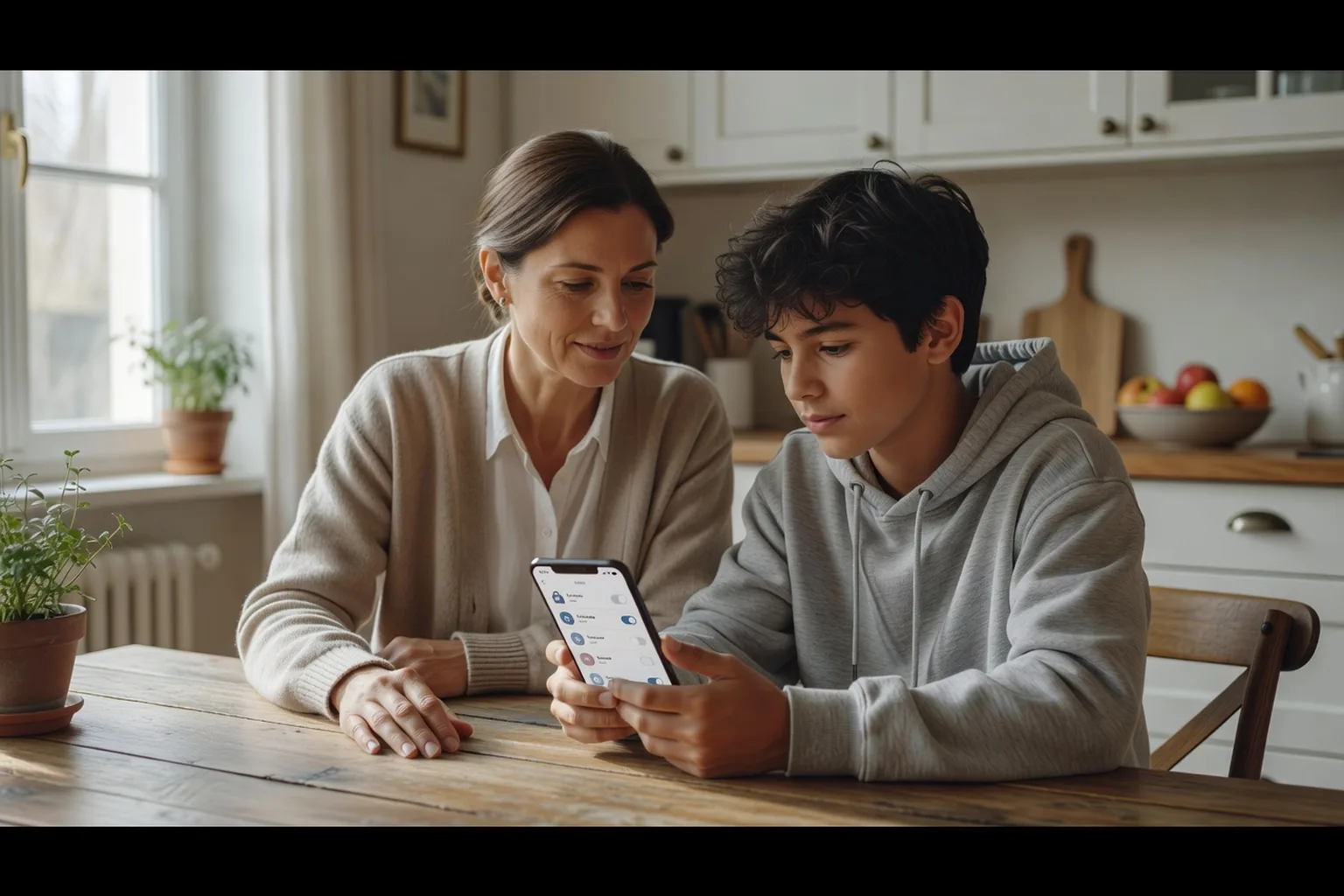 Parent et adolescent discutant des réglages de confidentialité d’un smartphone