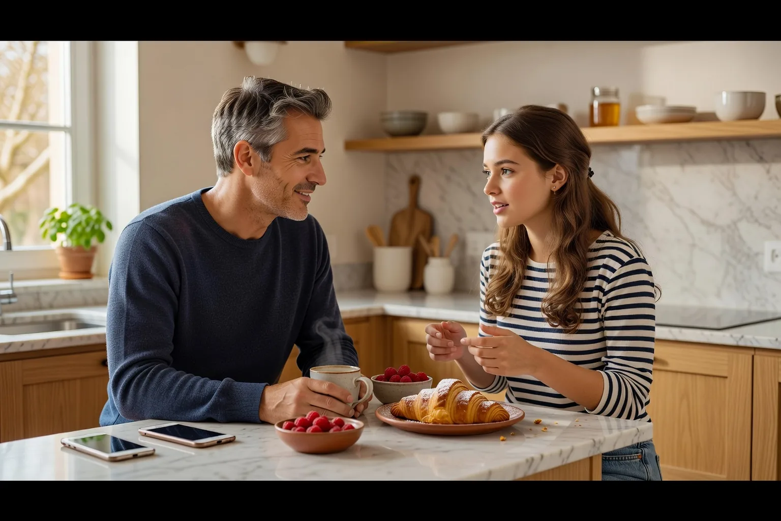 Père et fille adolescente échangeant dans une cuisine sur l’usage du téléphone