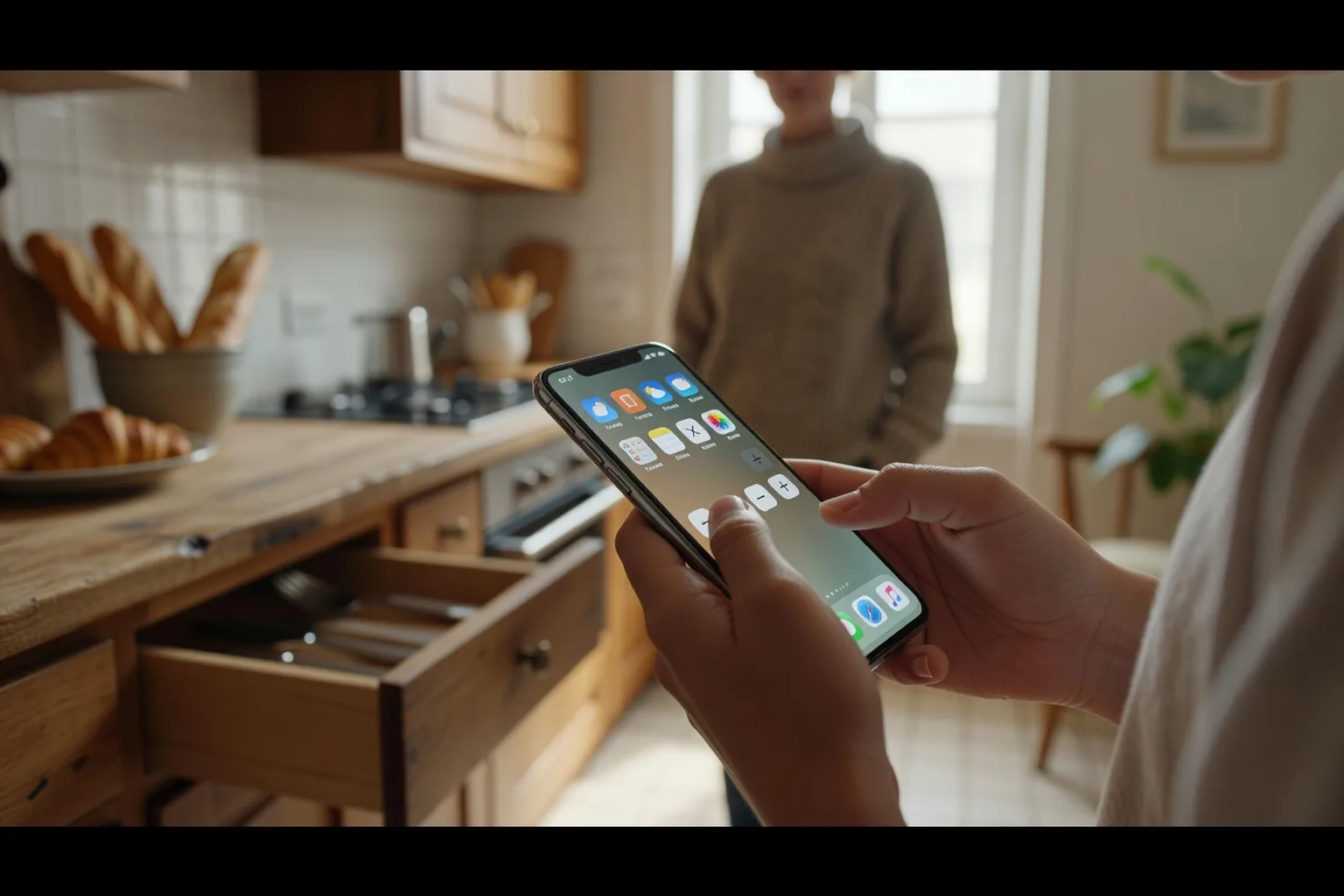 Adolescente utilisant un smartphone dans un salon avec un parent à proximité