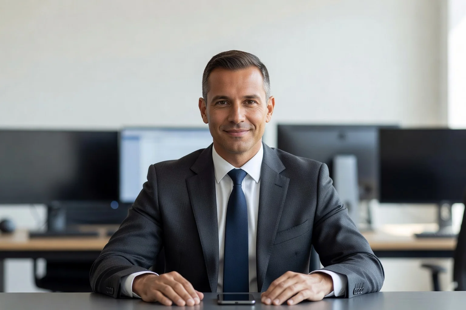 Expert en sécurité numérique assis à un bureau, souriant, avec un smartphone posé devant lui