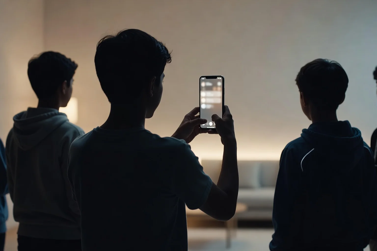 Groupe d'ados vus de dos, l'un tenant un smartphone affichant une conversation floue