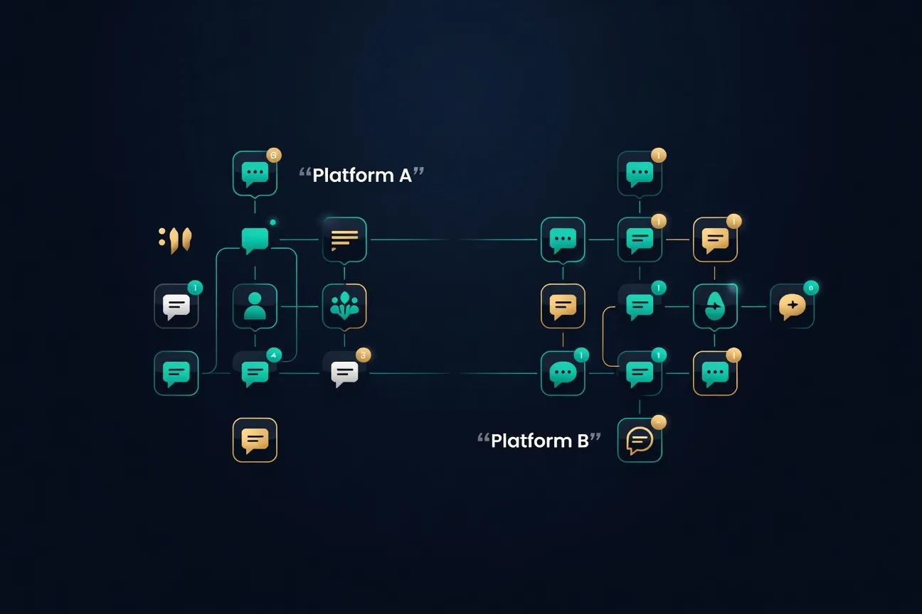 Icones d'applications de chat flottant sur fond bleu marine, comparatif sans inscription