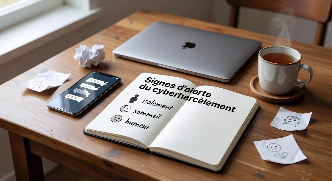 Tableau pédagogique illustrant les signaux d'alerte du cyberharcèlement chez l'adolescent