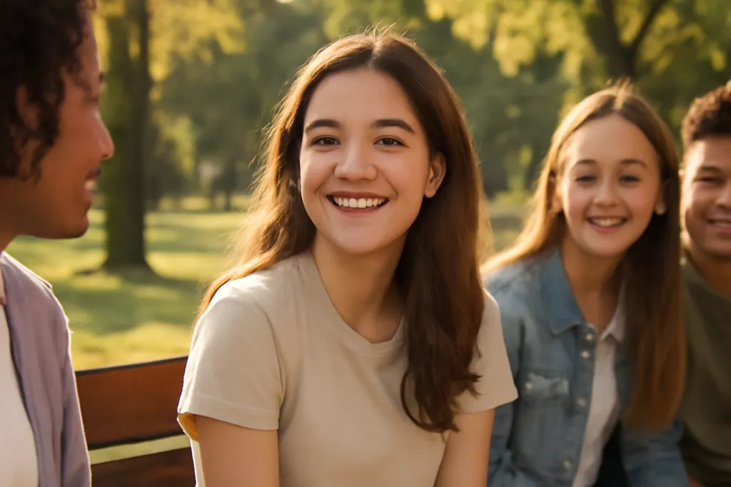 Adolescente souriante avec des amis dans un parc ensoleillé, téléphone posé de côté