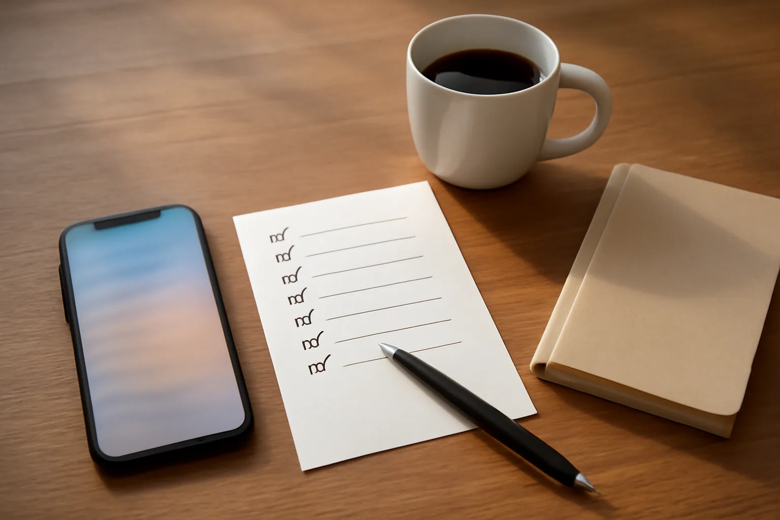 Smartphone, liste de contrôle et carnet posés sur un bureau en bois pour préparer une demande de suppression