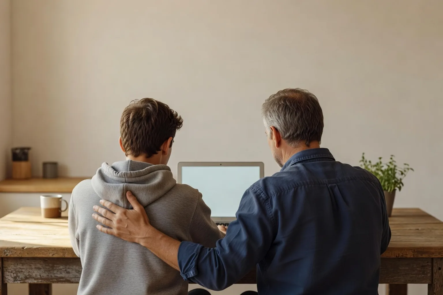 Un parent et un adolescent vus de dos devant un ordinateur portable, la main du parent posée dans le dos du jeune
