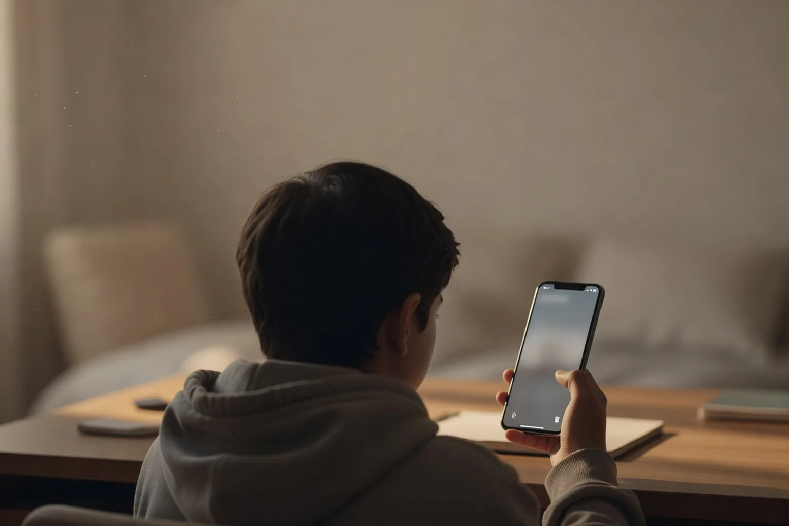 Adolescent vu de dos, téléphone à la main, qui cherche comment supprimer un contenu en ligne