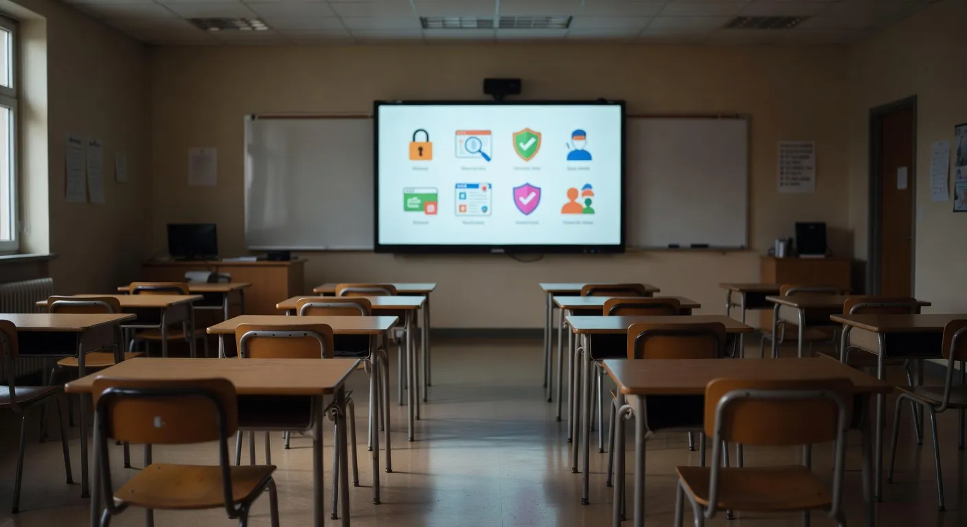 Salle de classe vide avec tableau numérique montrant des règles de sécurité en ligne, pupitres disposés pour un groupe