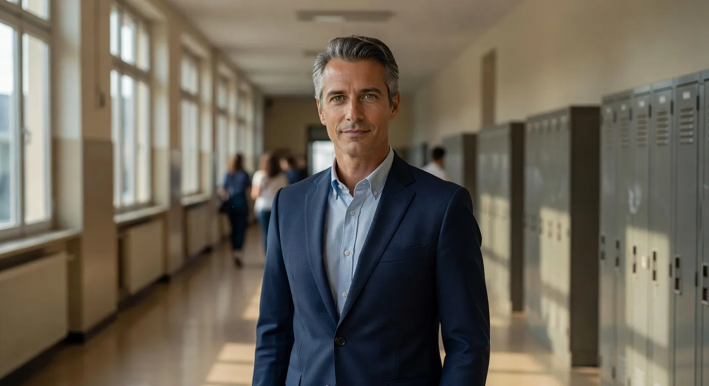 Portrait éditorial de Luc Moreau, conseiller principal d'éducation, 46 ans, couloir de lycée en arrière-plan