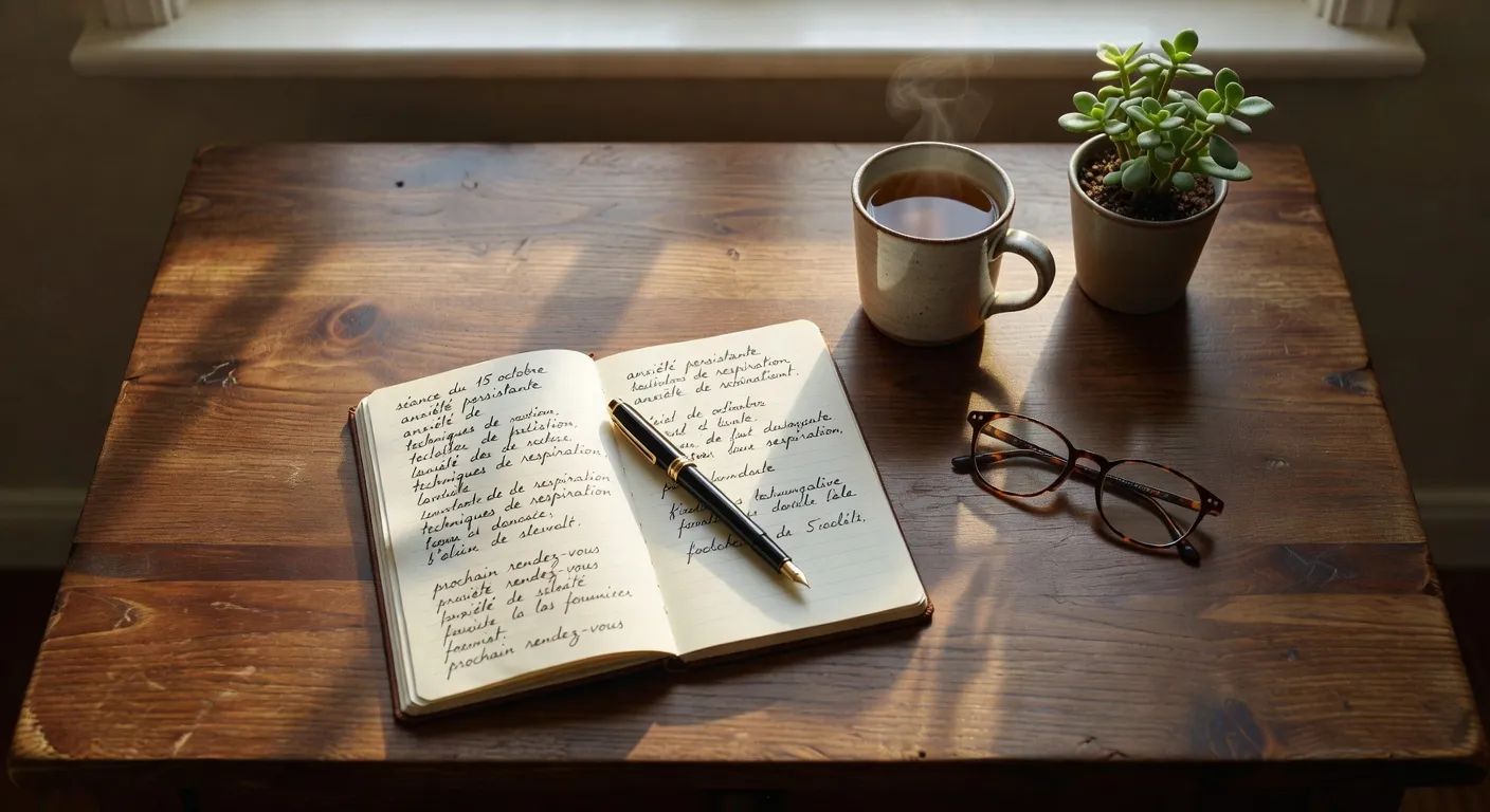 Bureau de psychologue avec carnet de notes ouvert et stylo, lumière naturelle douce