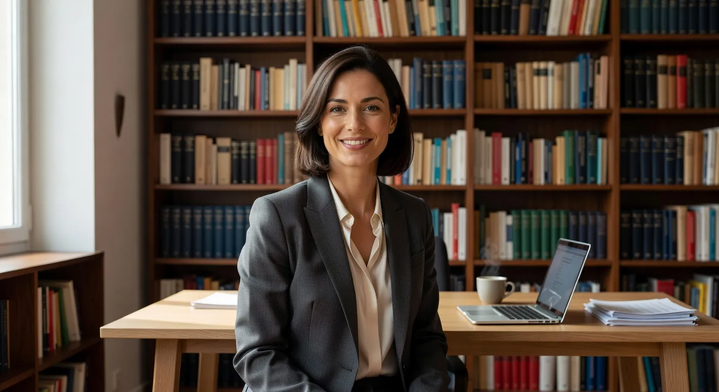 Portrait éditorial de Sophie Renaud, médiatrice numérique, 39 ans, sourire chaleureux, bureau lumineux