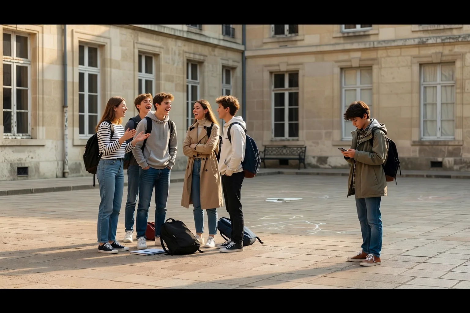Groupe d’adolescents discutant tandis qu’un jeune consulte seul son téléphone
