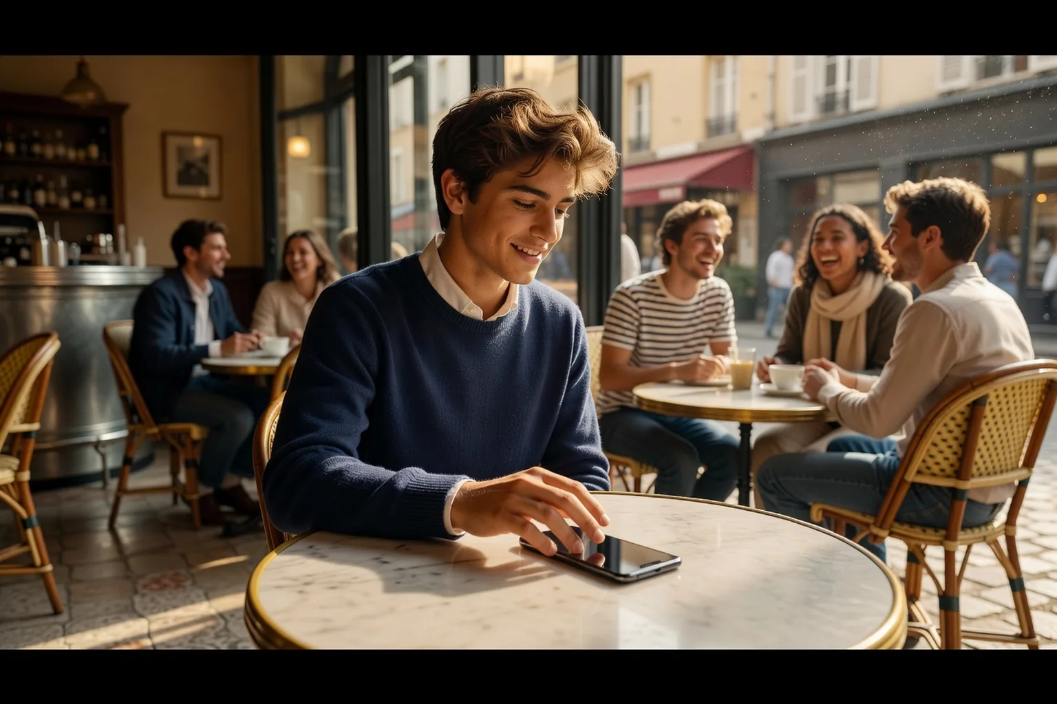 Adolescent posant son téléphone sur une table avant de rejoindre des amis