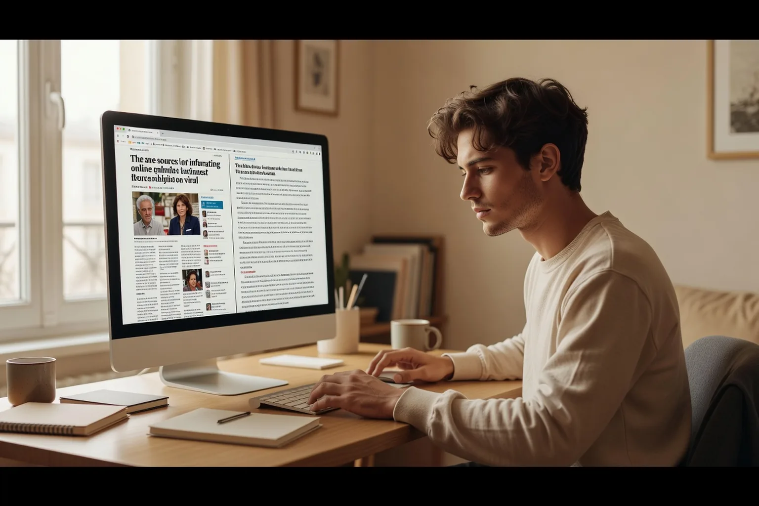 Jeune personne comparant une publication virale avec plusieurs sources d’information sur un ordinateur