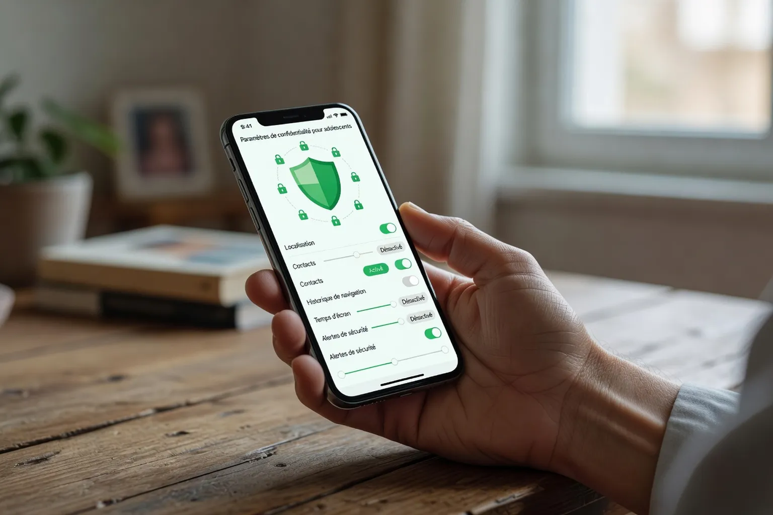 Parent activant les paramètres de modération IA sur un smartphone ado