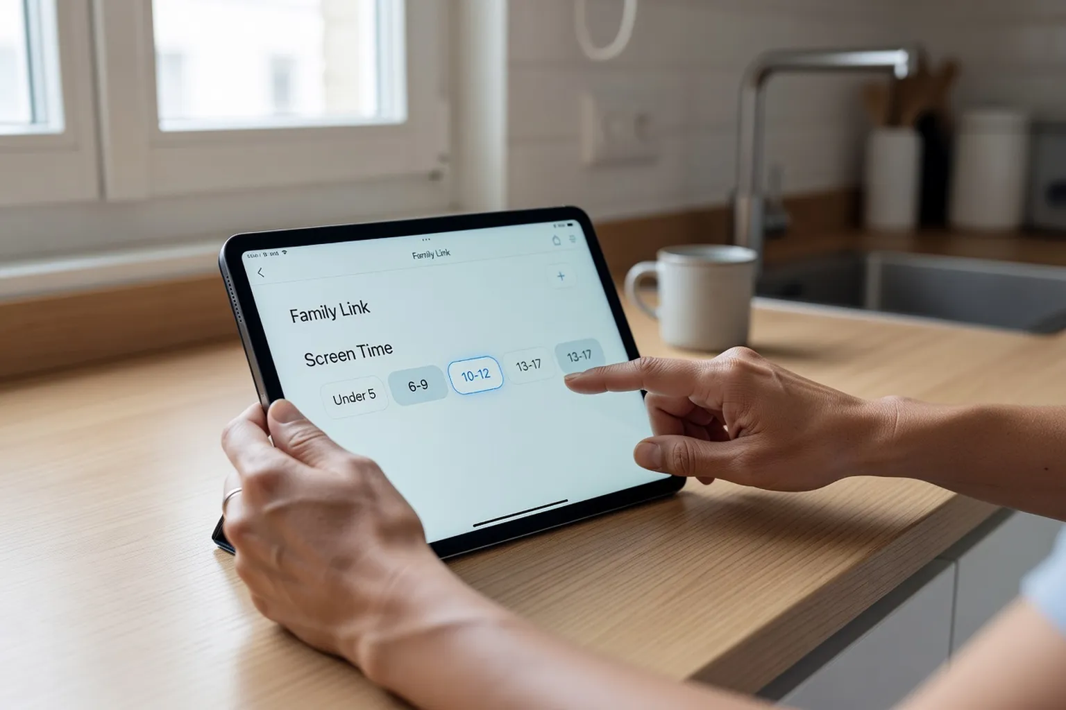 Mains de parent configurant Family Link sur une tablette