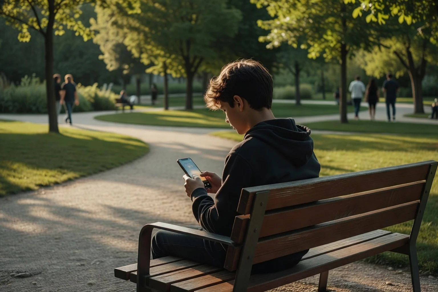 Adolescent de dos assis seul sur un banc de parc, consultant son smartphone