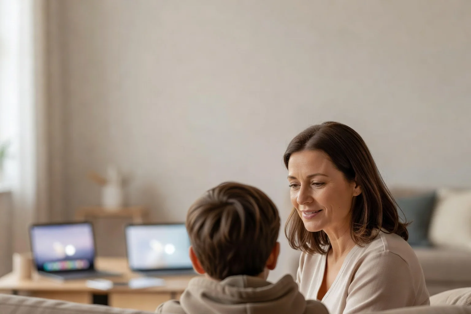 Mère écoutant attentivement son adolescent de dos dans un salon lumineux, échange familial bienveillant sur le numérique