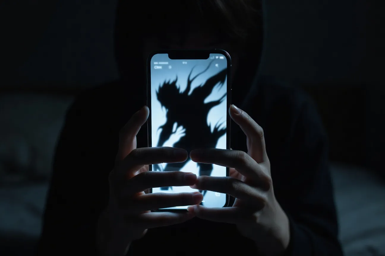 Ombre menaçante projetée sur l'écran d'un smartphone d'adolescent, illustration éditoriale du grooming