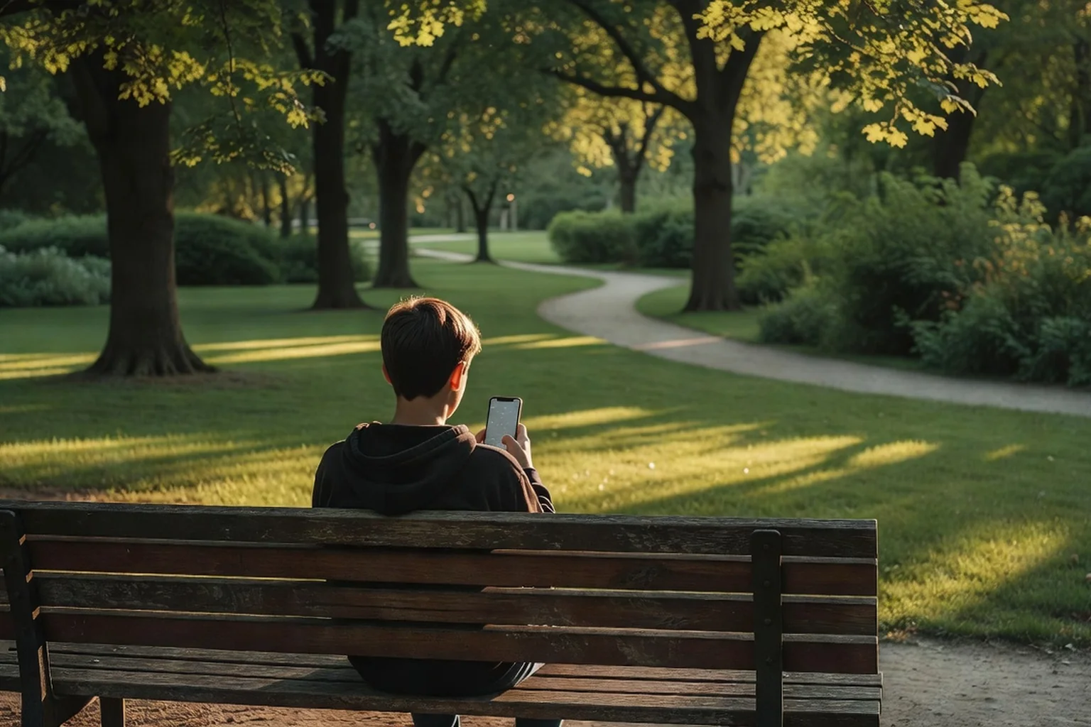 Adolescent de dos, assis seul sur un banc dans un parc, regardant son smartphone