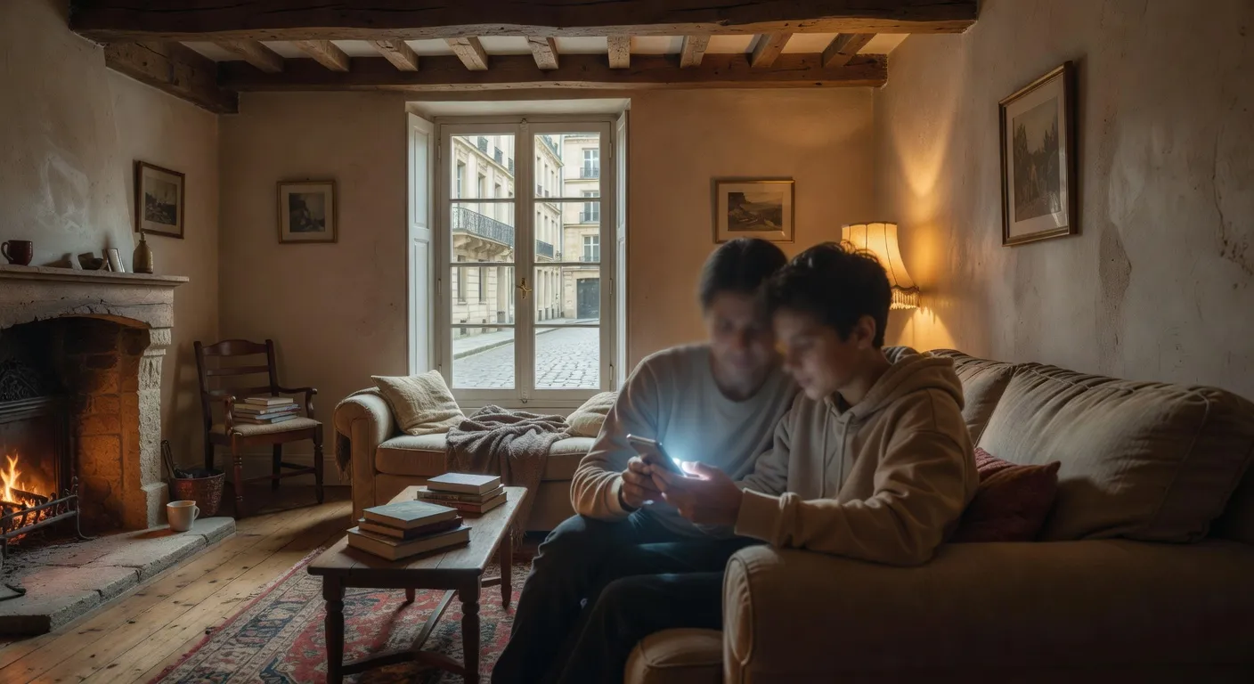 Parent et adolescent regardant ensemble un téléphone, visages partiellement visibles, lumière chaude, cadre familial