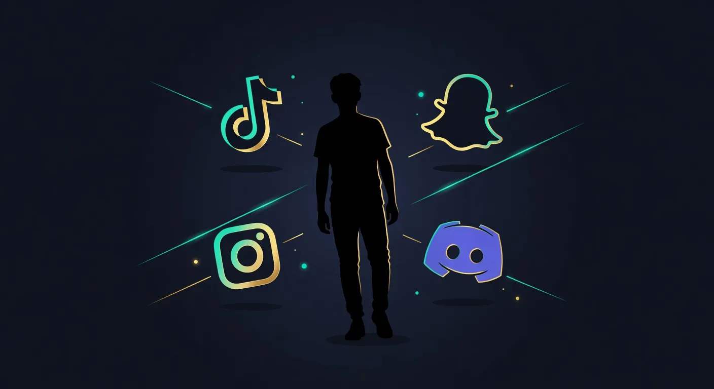 Collage des logos TikTok, Snapchat, Instagram, Discord autour d'une silhouette d'adolescent, fond bleu marine
