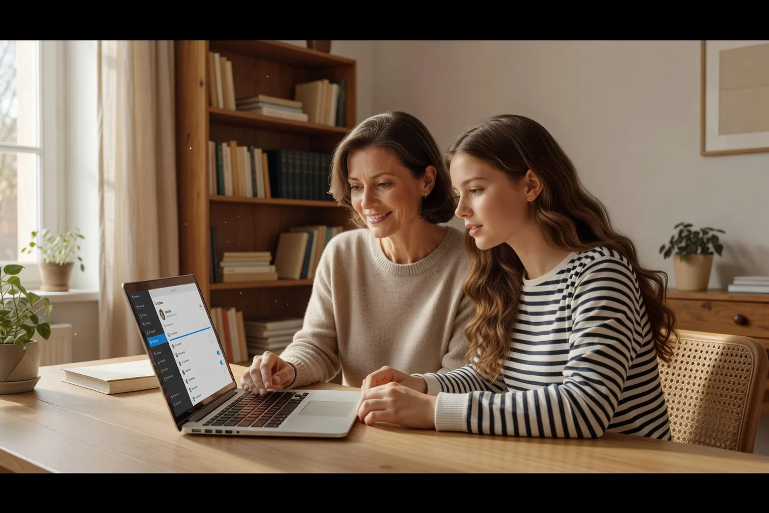 Adolescente regardant avec sa mère les réglages de confidentialité d’un réseau social