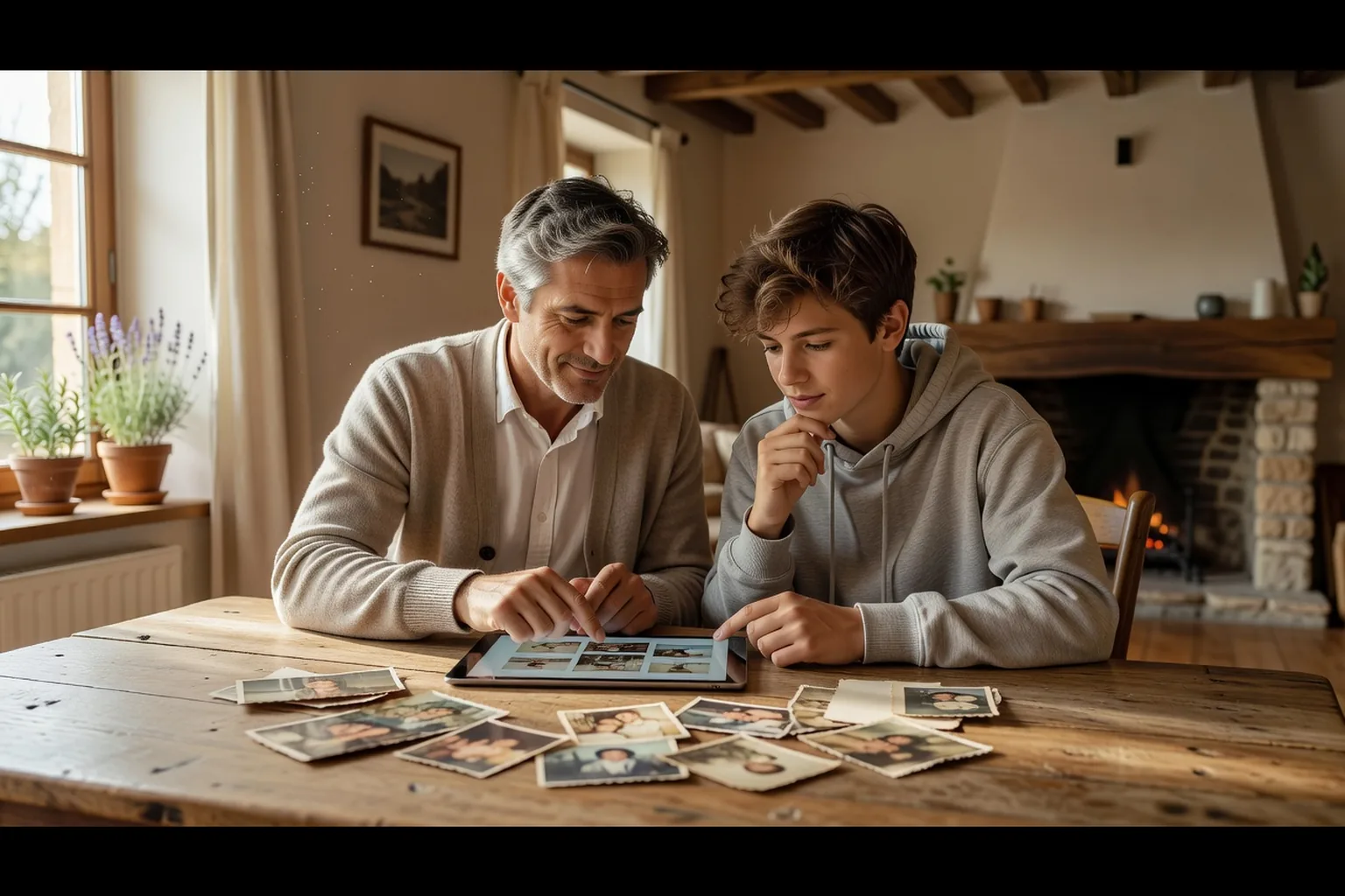 Père et fils adolescent faisant le tri dans des photos sur une tablette