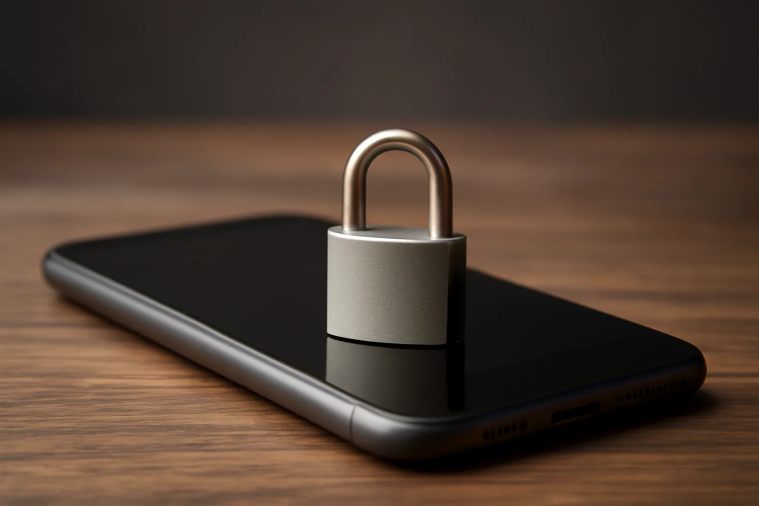 Smartphone posé sur un bureau avec un cadenas posé dessus