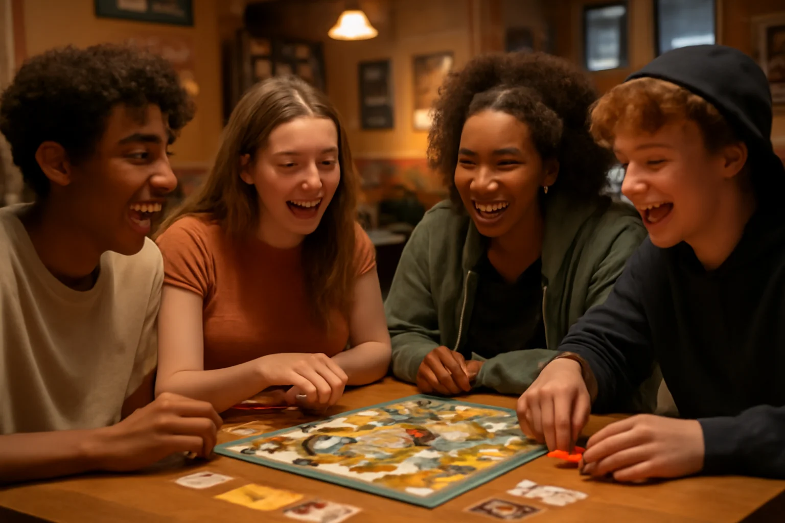 Groupe d'ados riant autour d'un jeu de société dans un foyer jeunes