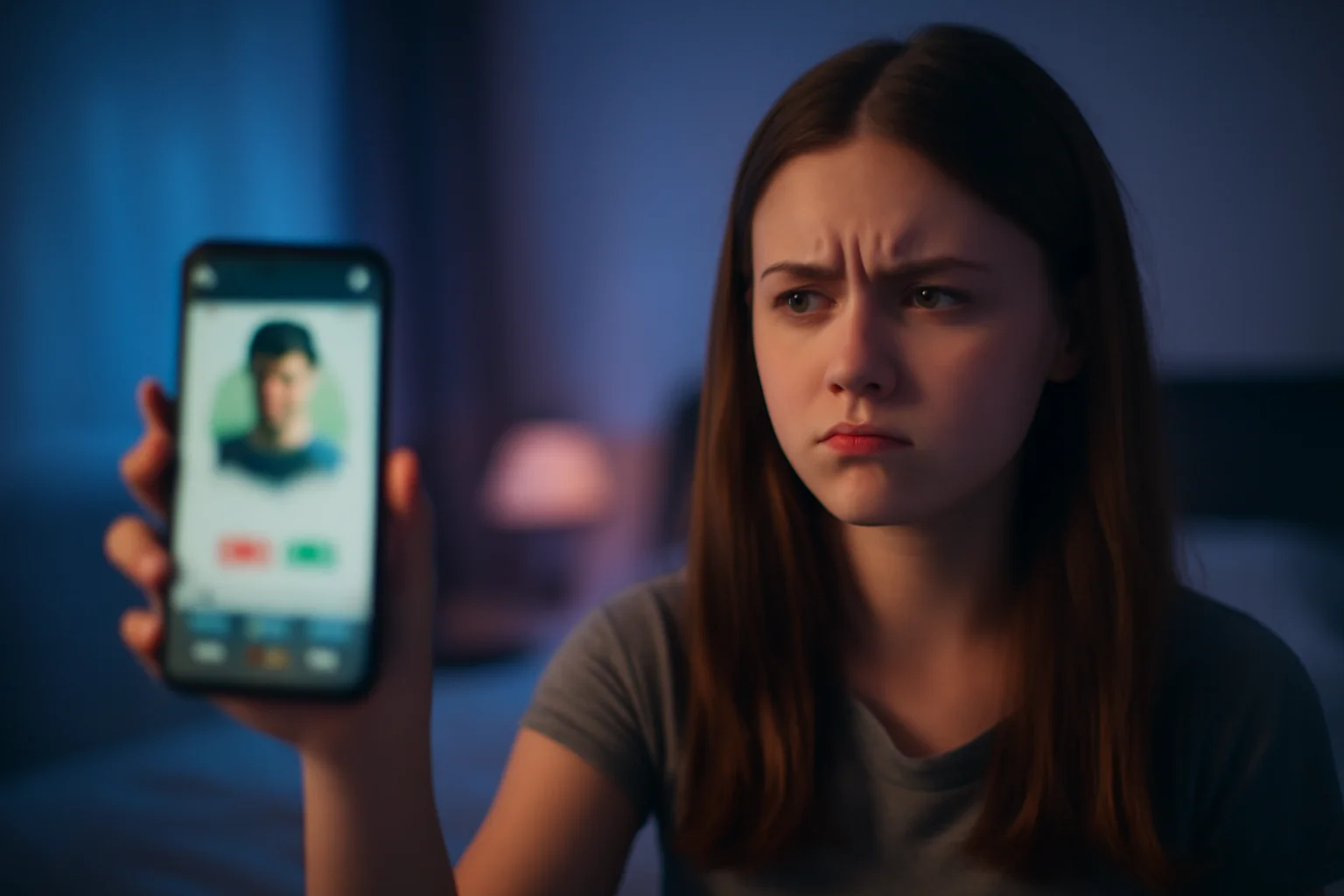 Adolescente regardant son smartphone avec un air méfiant dans sa chambre