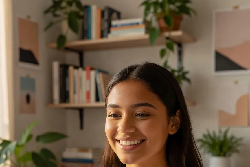 Adolescente souriante utilisant son smartphone pour discuter avec des amis dans sa chambre