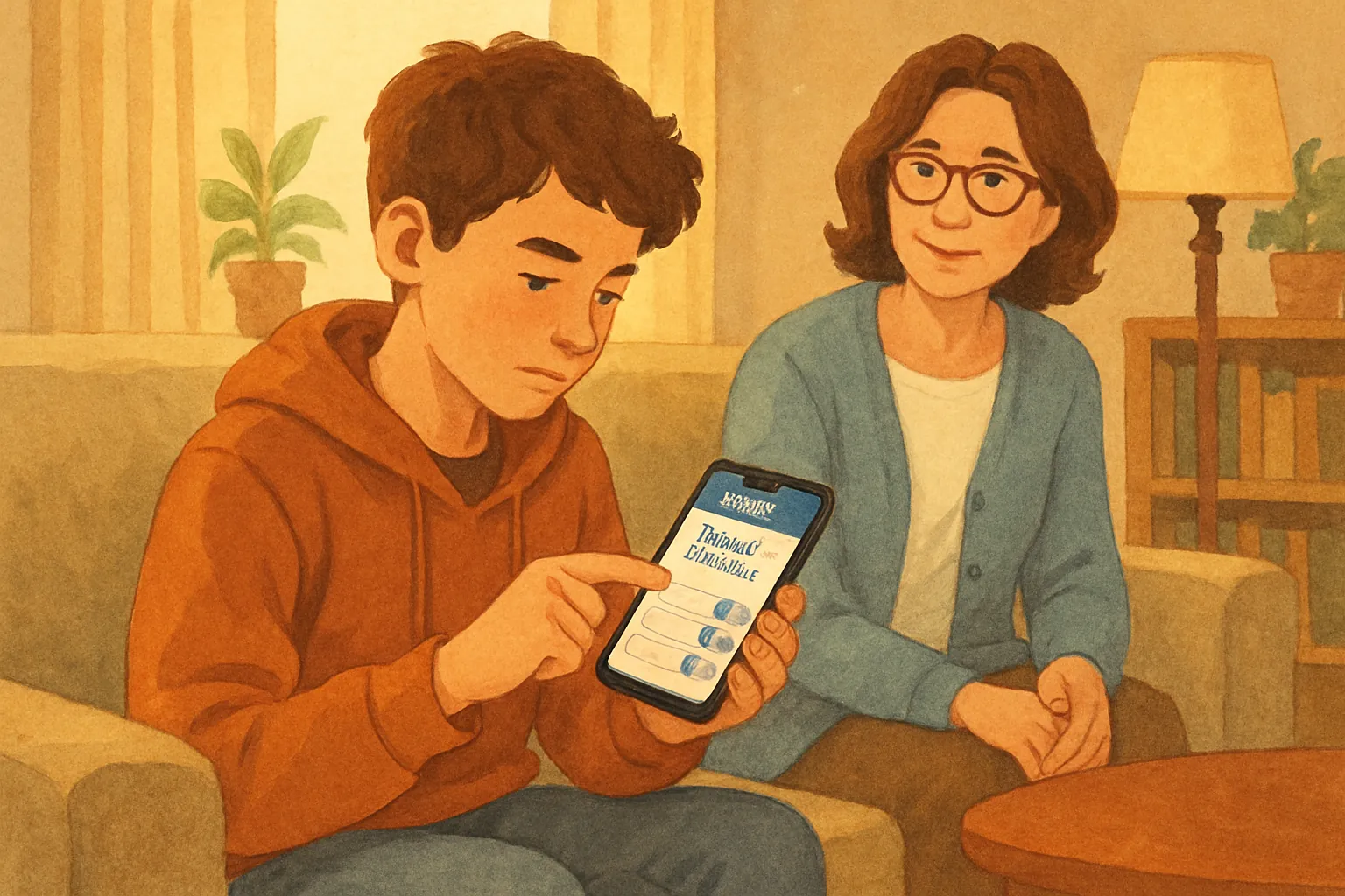 Adolescent vérifiant les paramètres de confidentialité sur son téléphone, illustration éditoriale sur la protection des données
