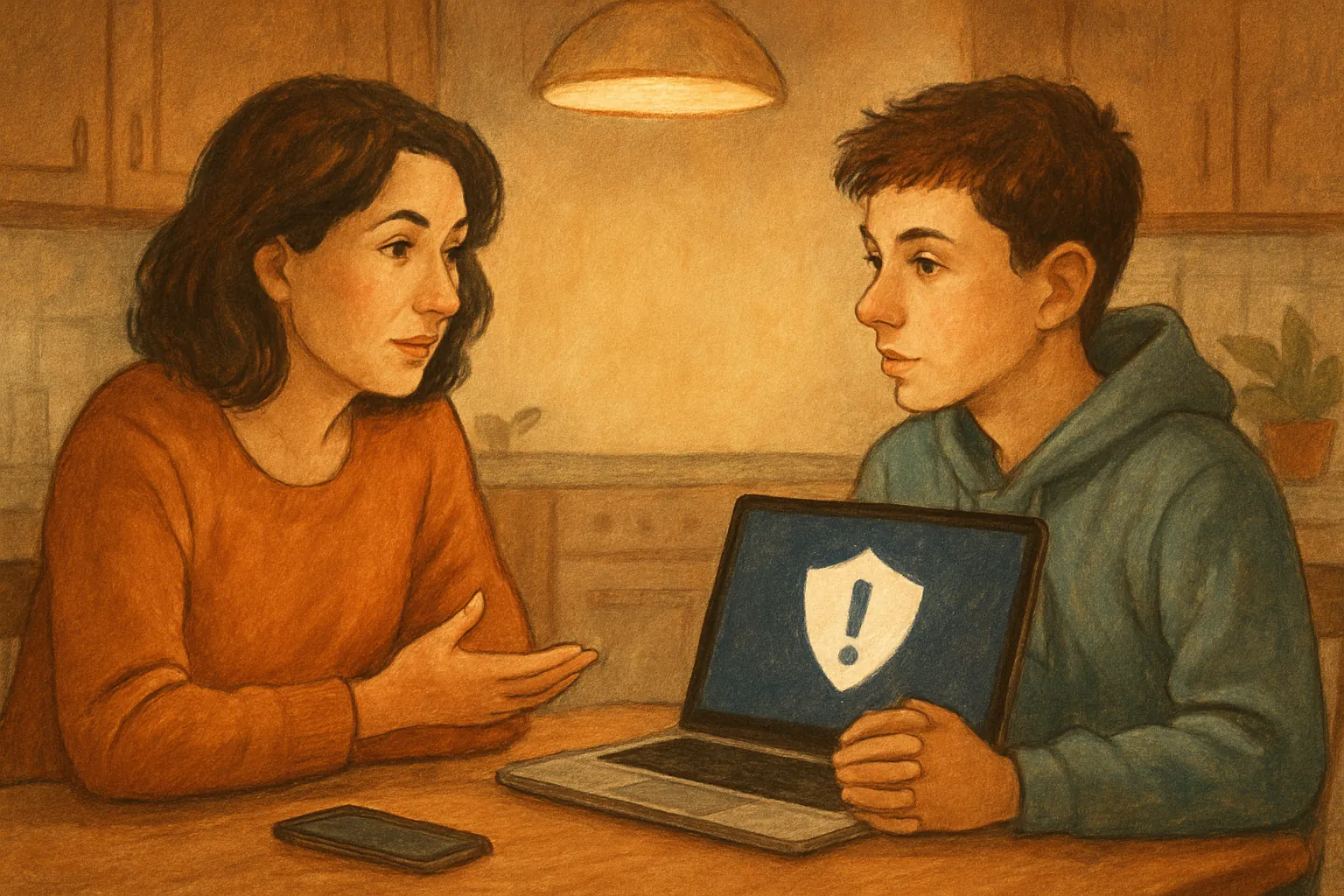 Parent et adolescent discutant calmement des règles de sécurité numérique à la maison