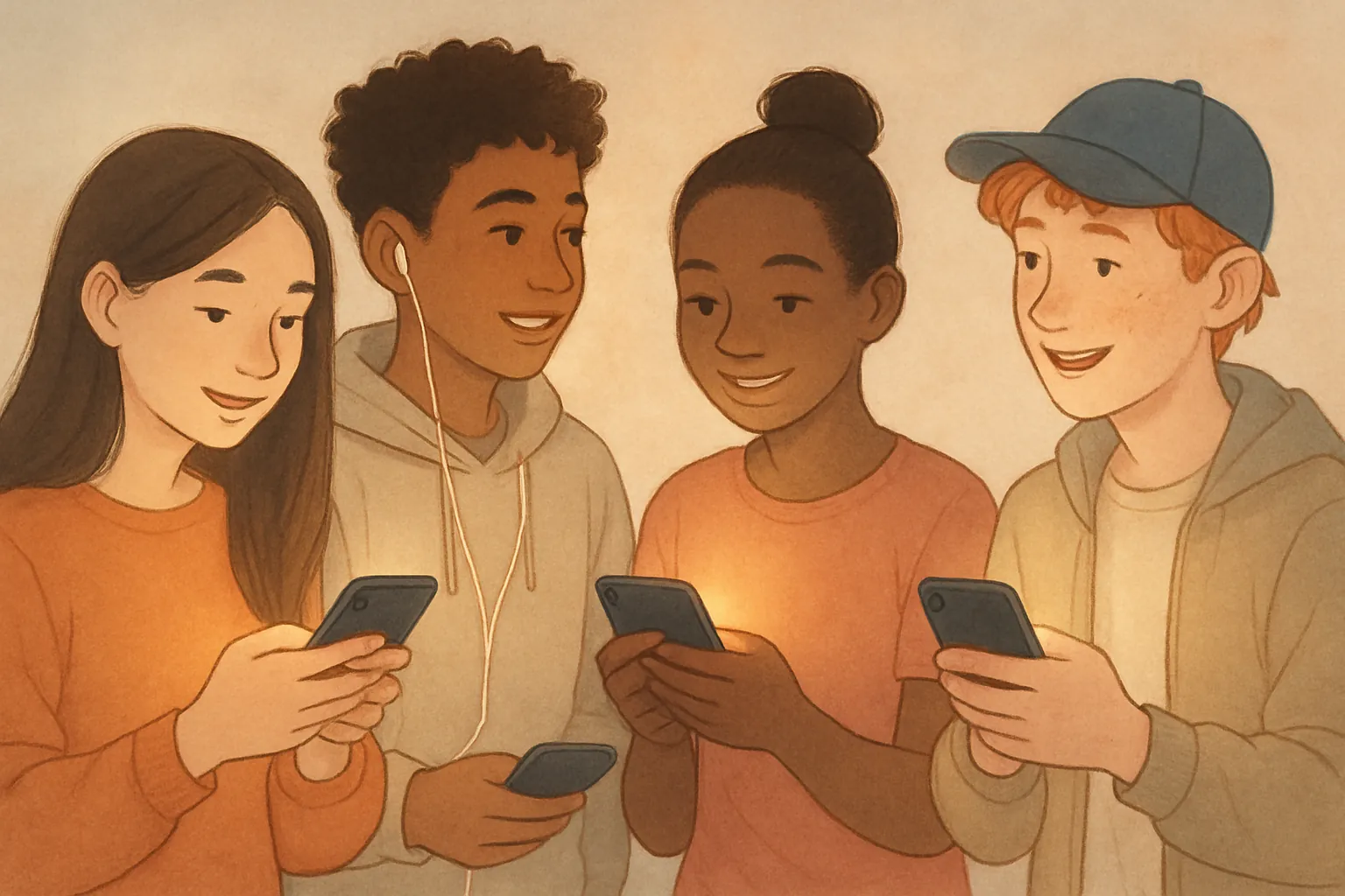 Groupe d'adolescents discutant bienveillamment en ligne, illustrant le soutien entre pairs sur un tchat