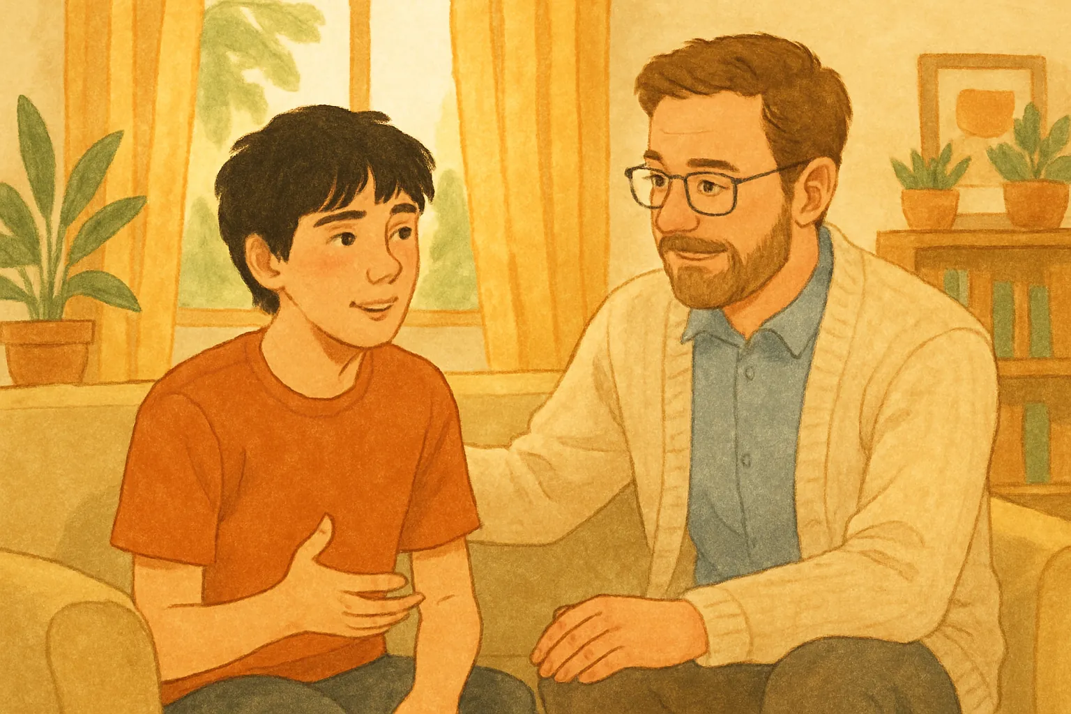 Adolescent échangeant avec un adulte de confiance, ambiance apaisante et bienveillante