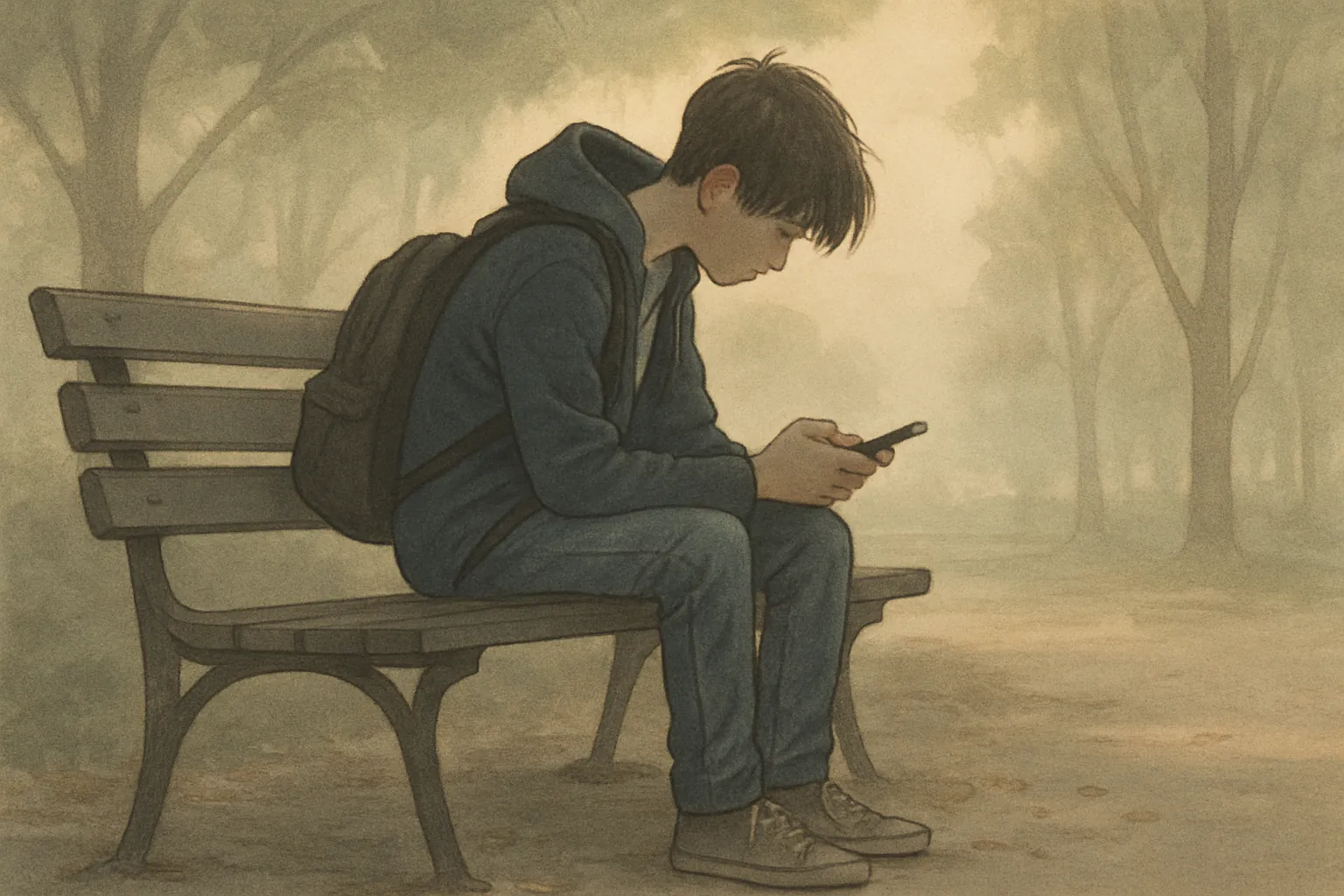 Adolescent sur un banc avec son smartphone, illustration santé mentale et refuge virtuel