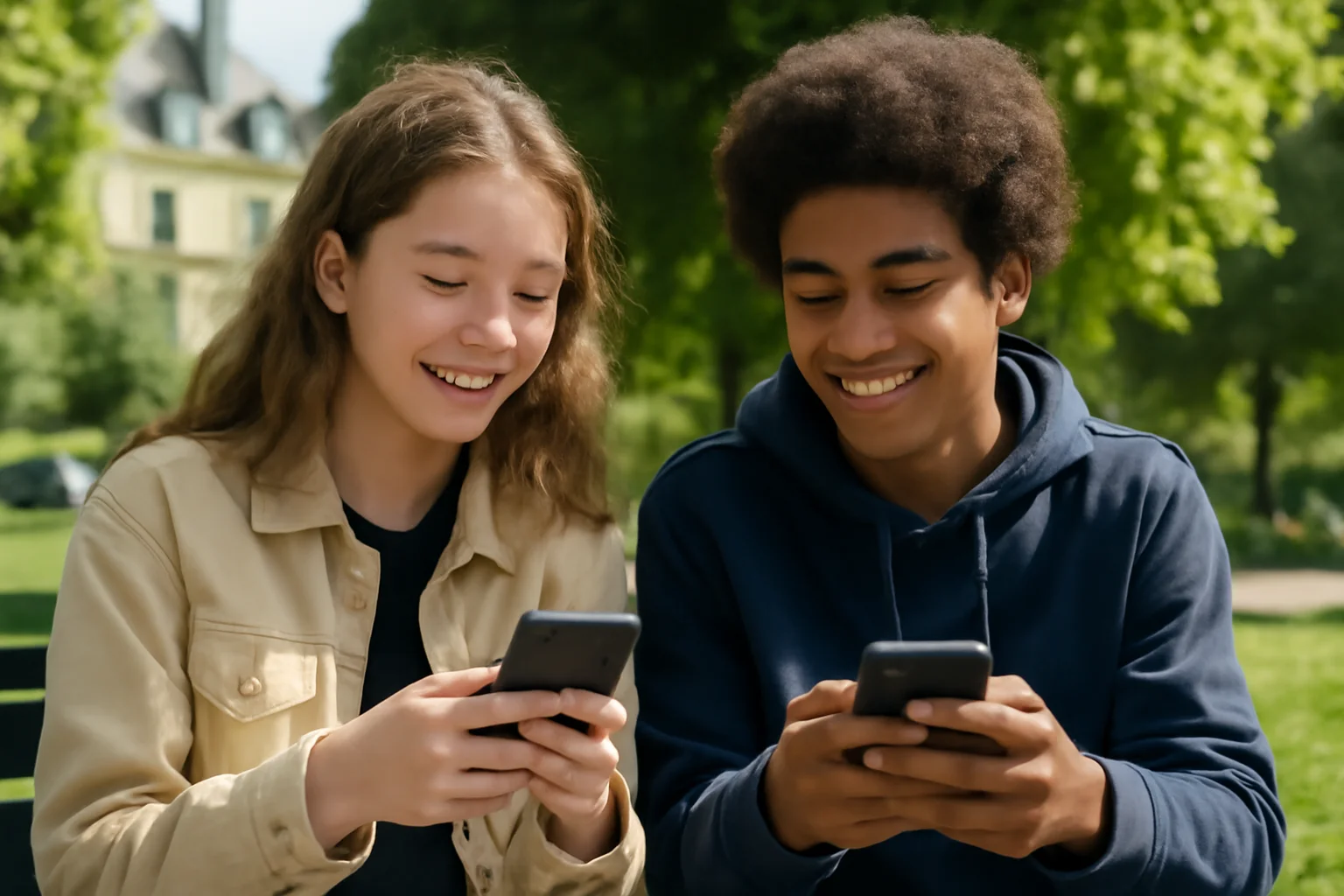 Deux ados sur un banc dans un parc, chacun sur son smartphone