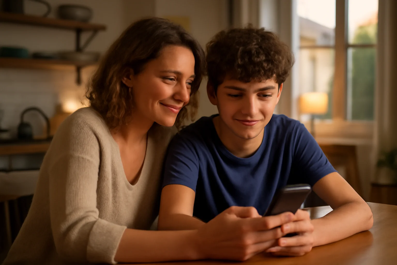 Une mère et son fils adolescent regardent ensemble un smartphone dans une cuisine