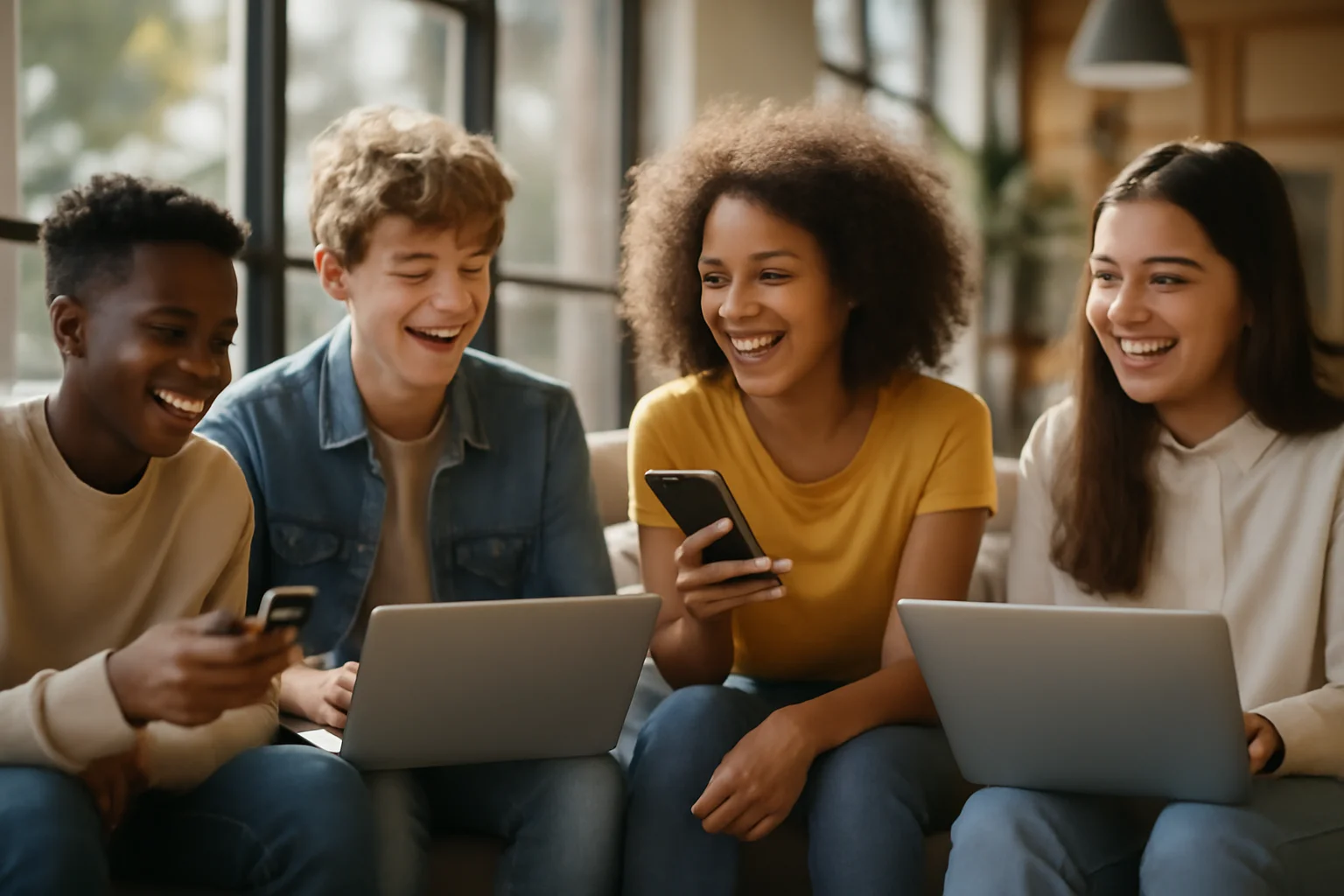 Groupe d'ados discutant sur smartphones dans un espace jeunes lumineux