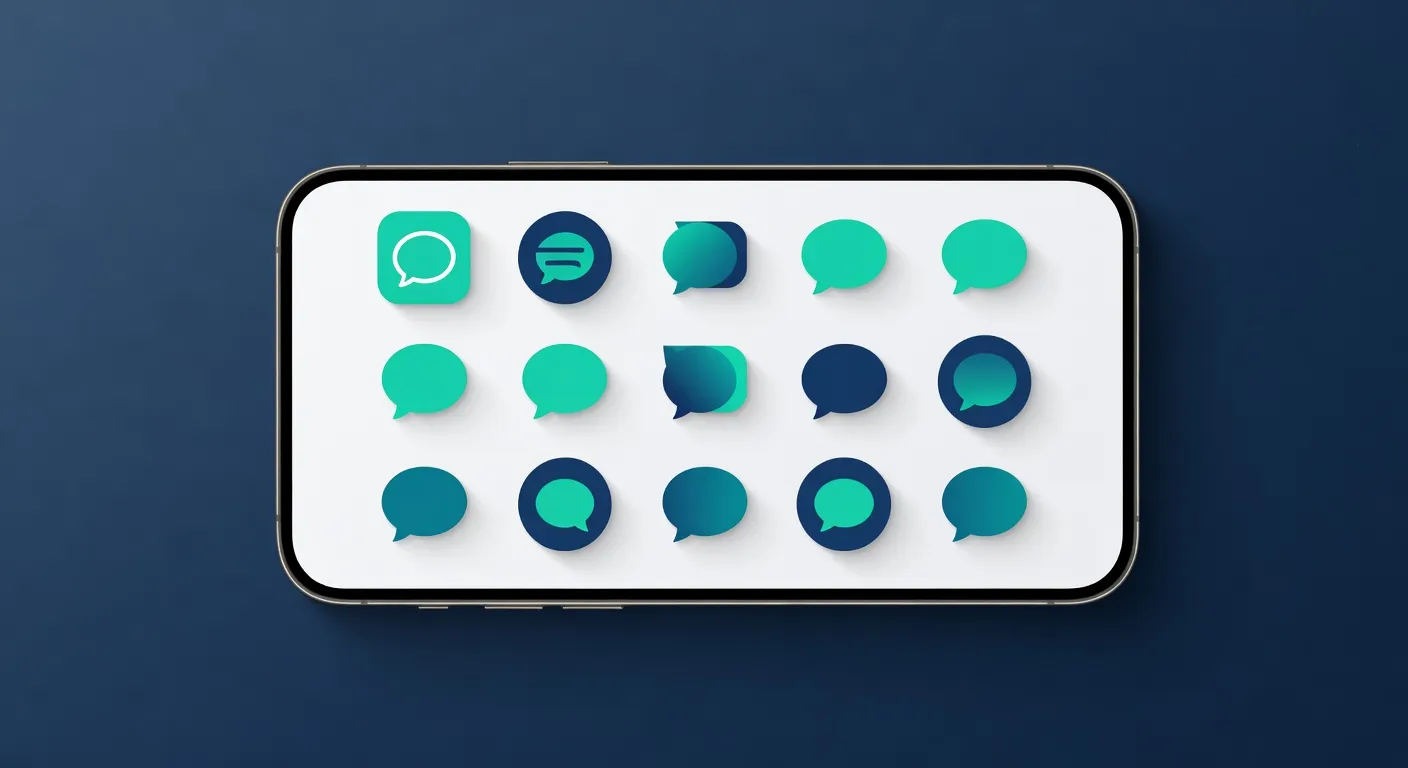Comparaison d'icônes d'applications de chat sur un écran de smartphone, palette teal et navy