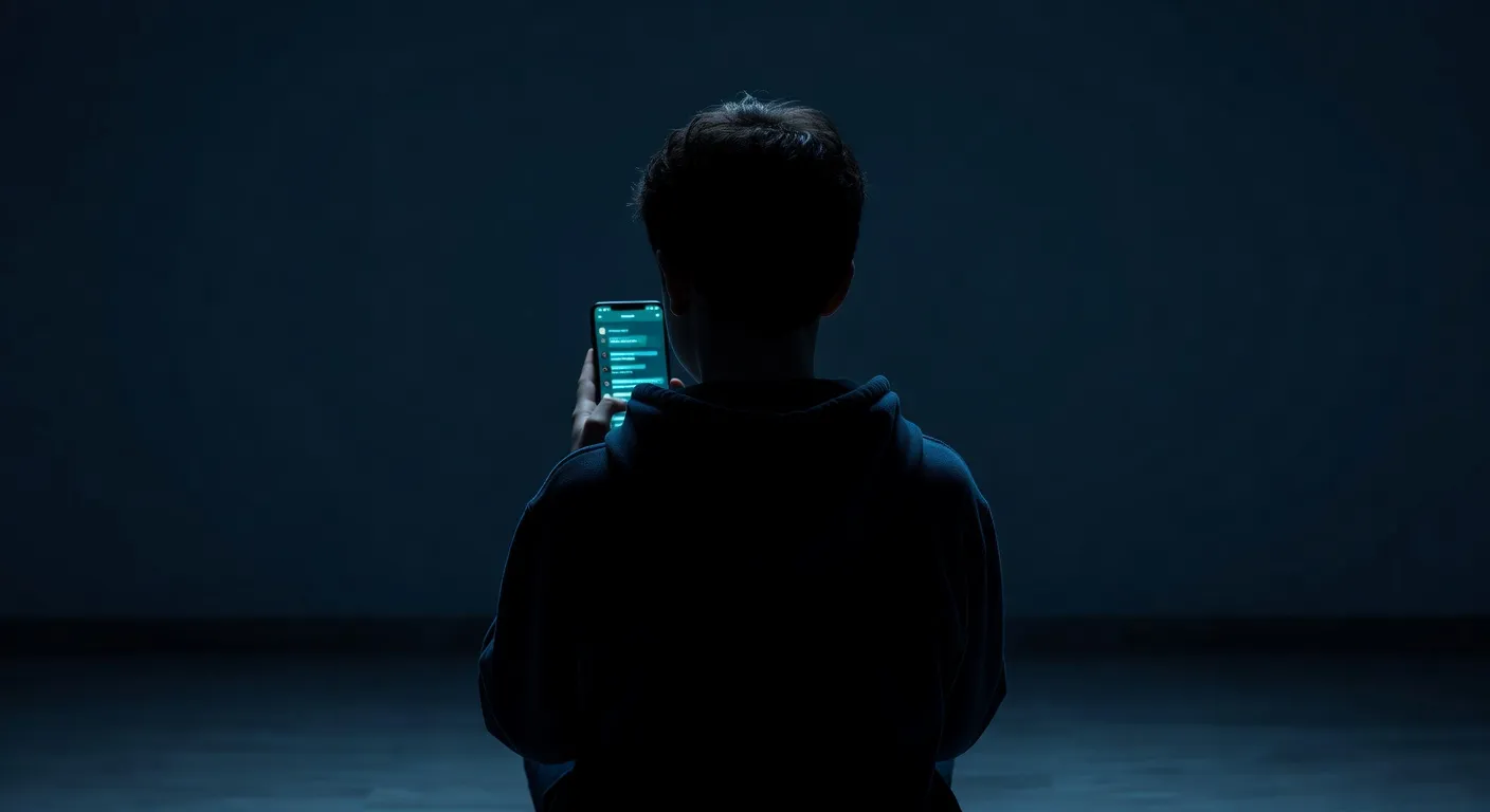 Silhouette d'adolescent regardant une interface de tchat