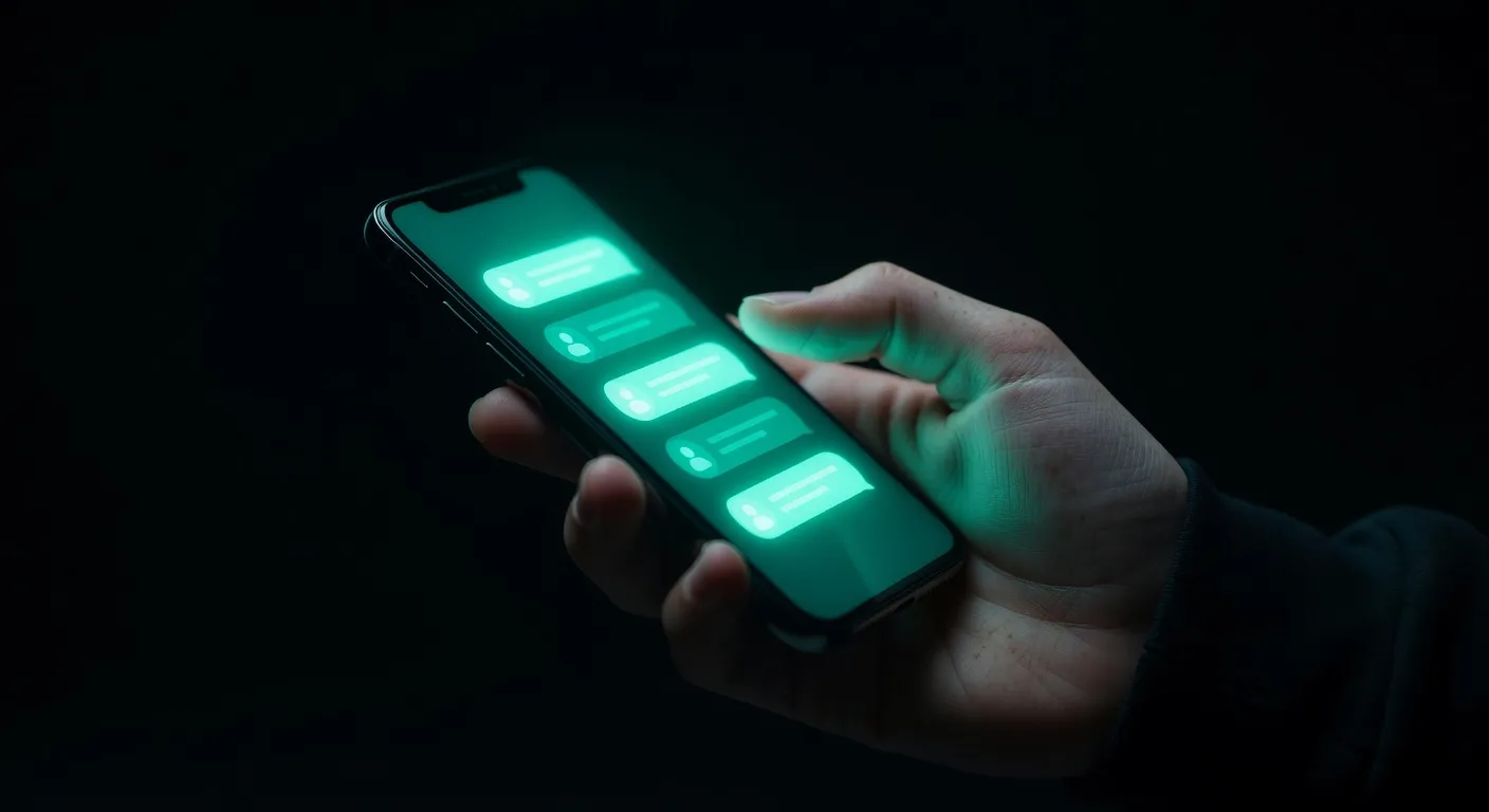 Main d'adolescent tenant un téléphone avec des bulles de notification teal, fond sombre, focus sur la main sans visage