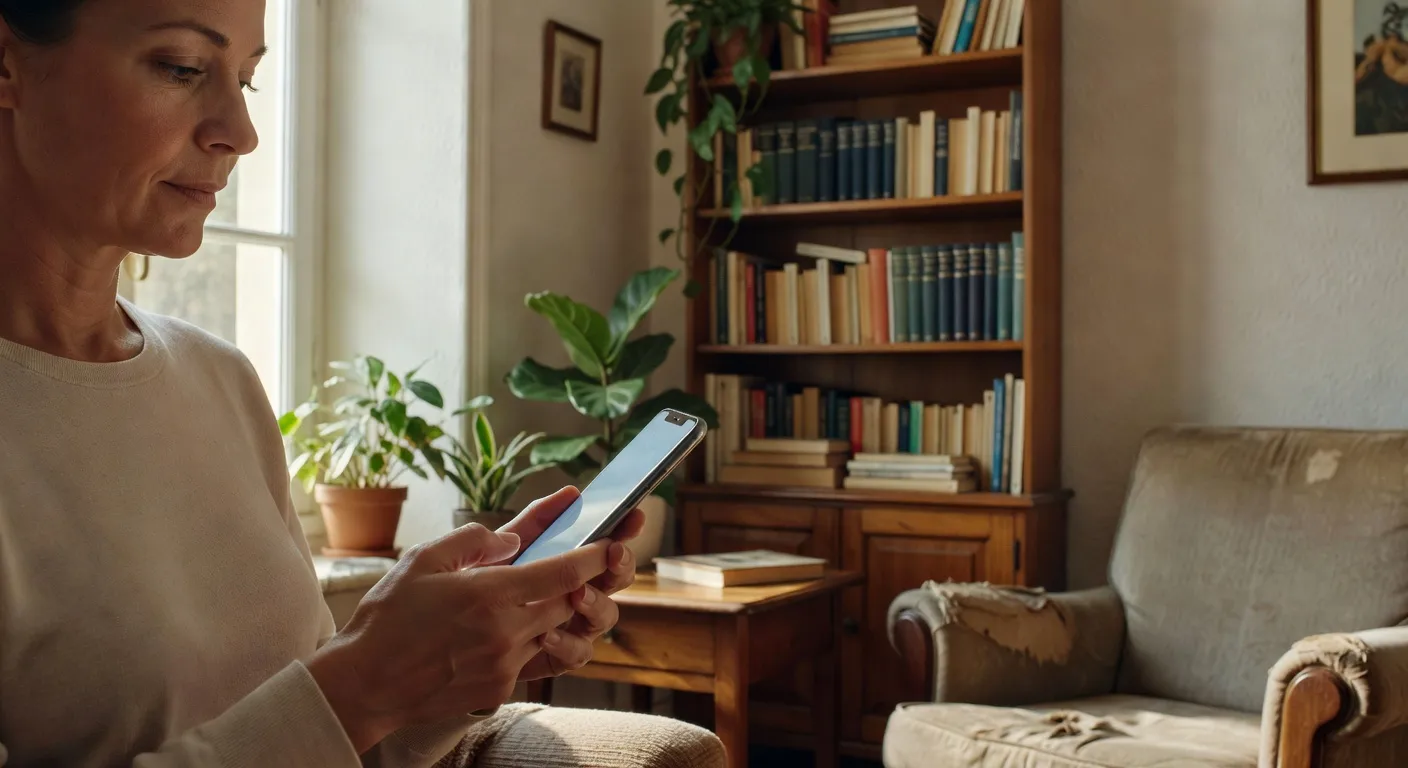 Parent regardant un téléphone avec une expression calme et concentrée, profil partiellement visible, ambiance domestique apaisante