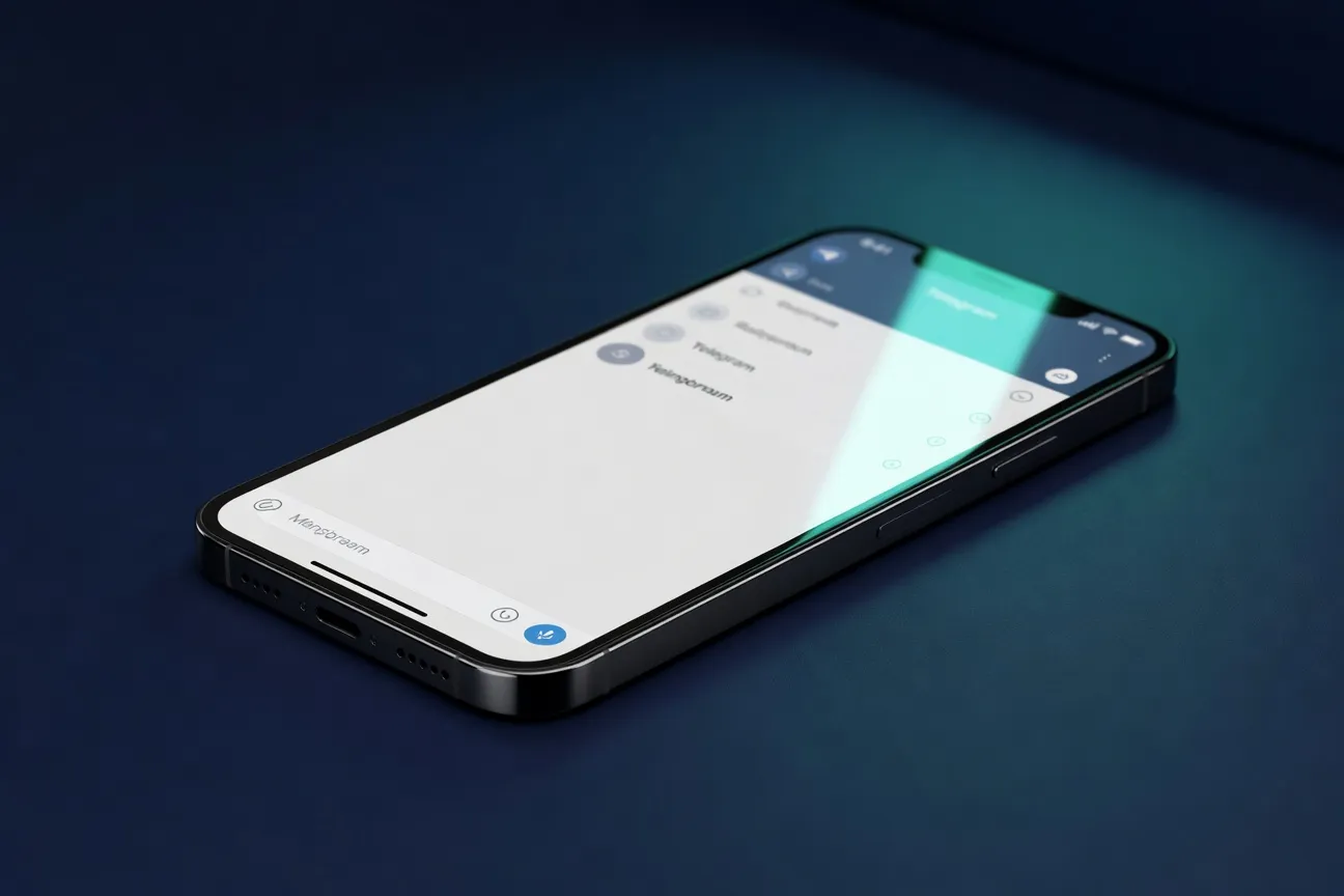 Smartphone affichant le logo Telegram sur fond bleu marine avec reflet teal, plan produit sans personnes